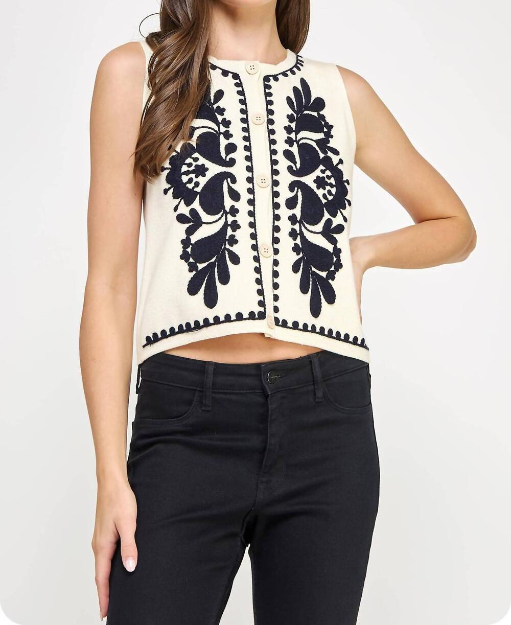 NEW STRUT & BOLT embroidered sleeveless knitted vest sweater in ivory/black